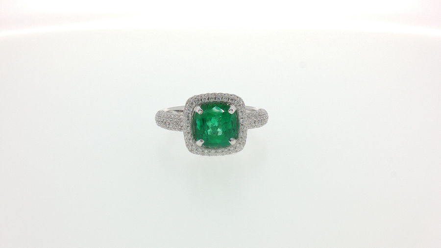White Gold Cushion Emerald and Diamond Pavé Cocktail Ring