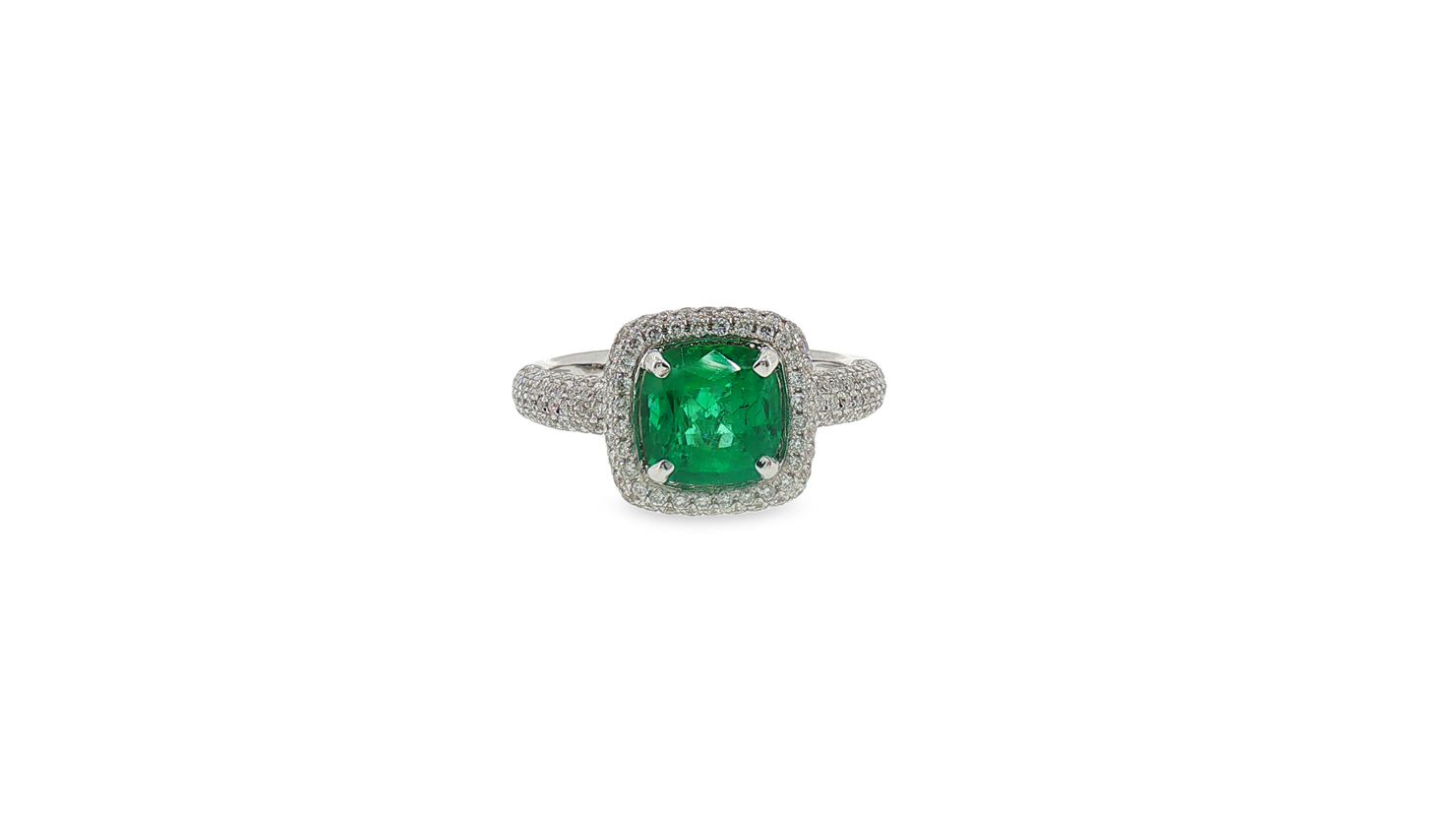 White Gold Cushion Emerald and Diamond Pavé Cocktail Ring