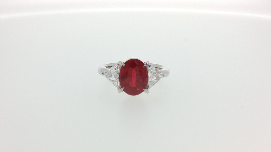 Oval Pigeon Blood Ruby Three-Stone Ring in White Gold