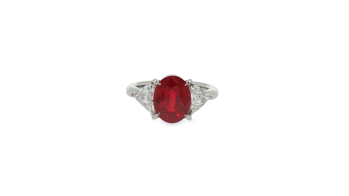 Oval Pigeon Blood Ruby Three-Stone Ring in White Gold