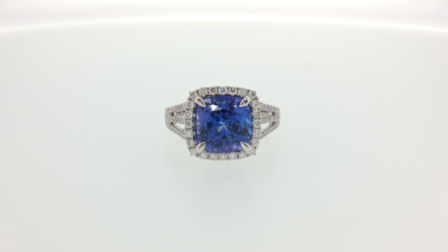 Cushion Cut Tanzanite and Diamond Halo White Gold Ring