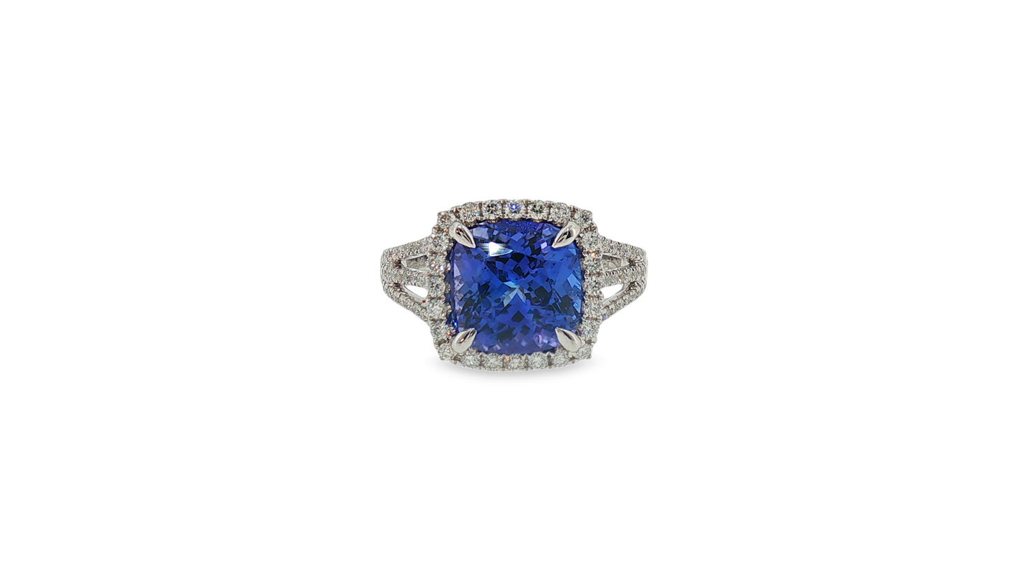 Cushion Cut Tanzanite and Diamond Halo White Gold Ring