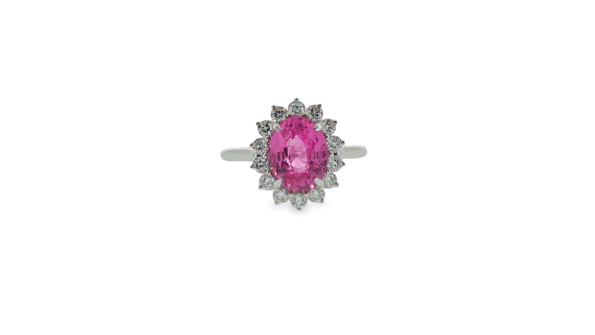 Vivid Pink Sapphire Halo Cocktail Ring in White Gold