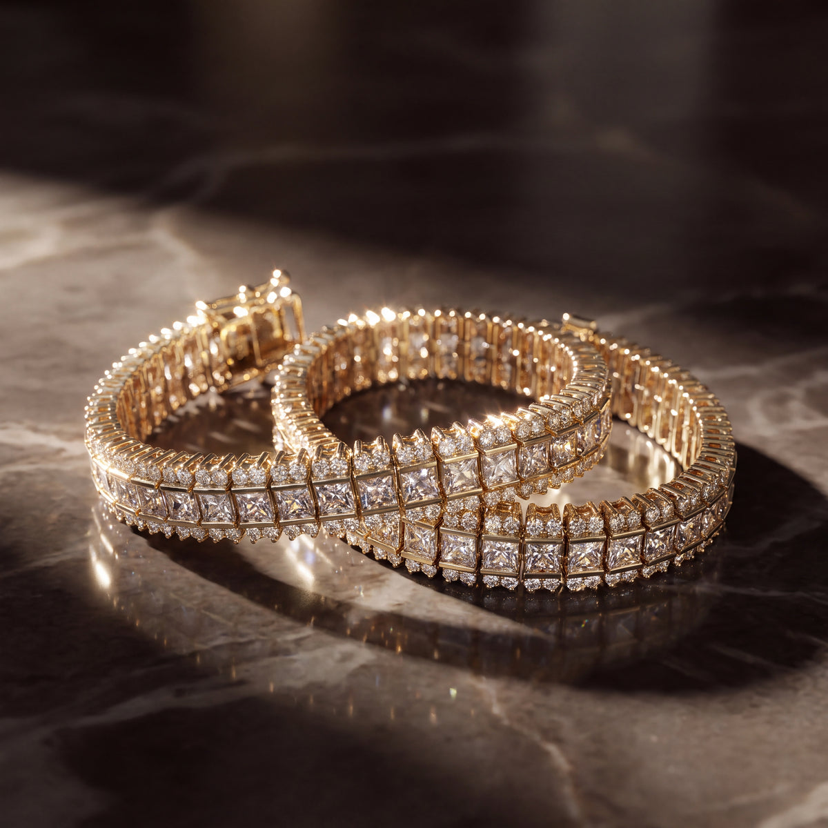 Three-row tennis bracelet in yellow gold, a center row between two borders