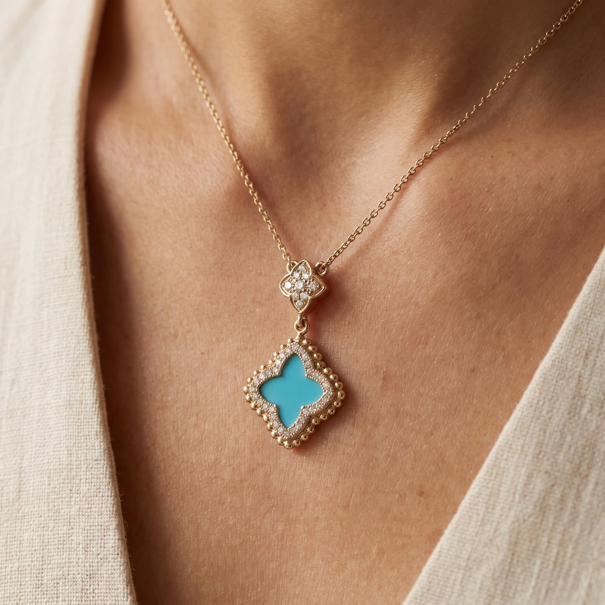18K Yellow Gold Turquoise Inlay Quatrefoil Charm Necklace, worn