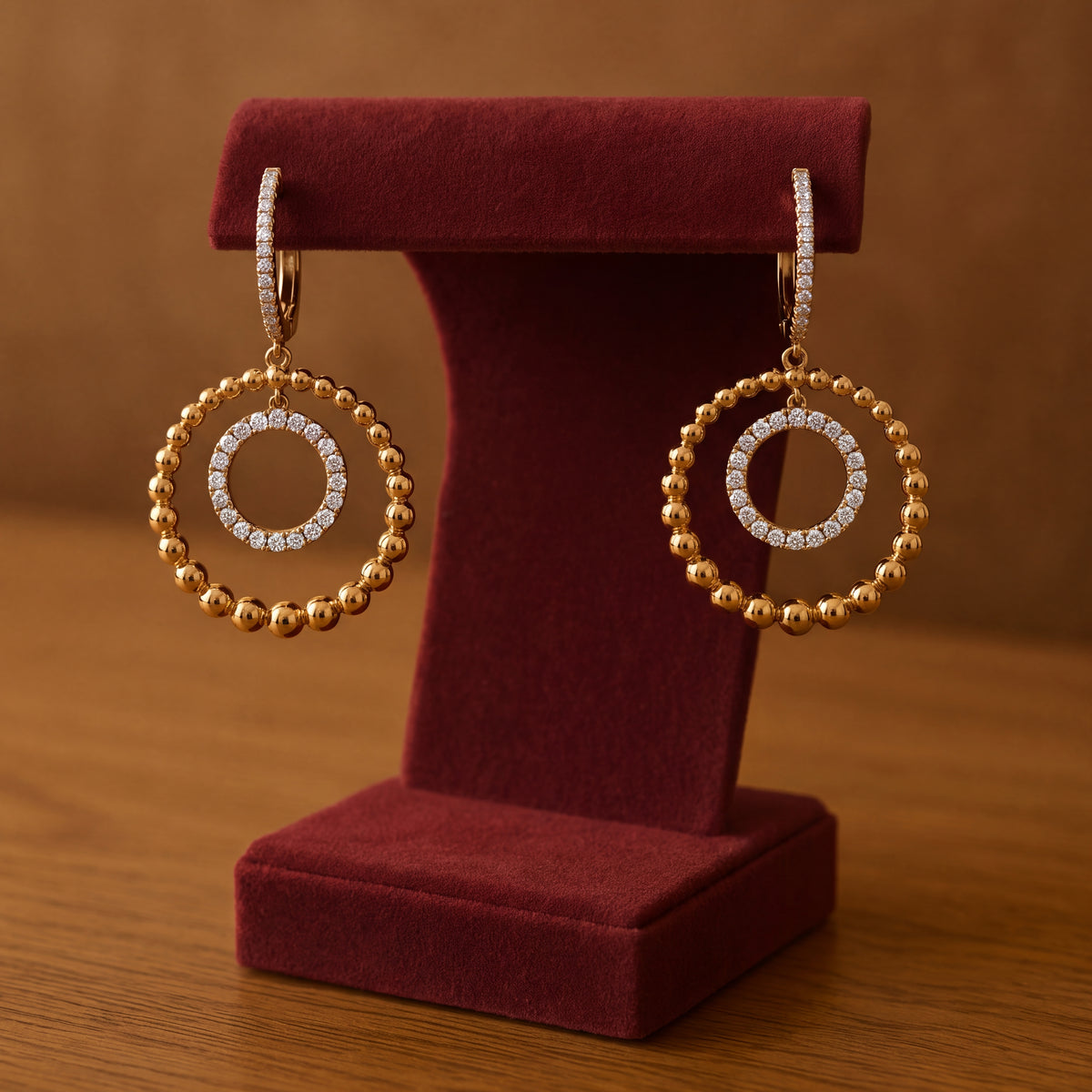 Yellow gold beaded hoop drops with an inner ring of diamonds