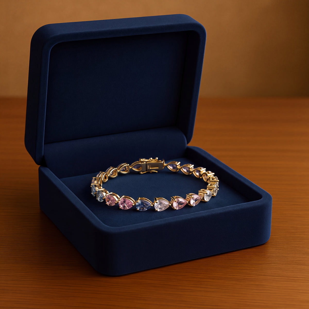 Yellow gold tennis bracelet of pear-shaped pastel sapphires