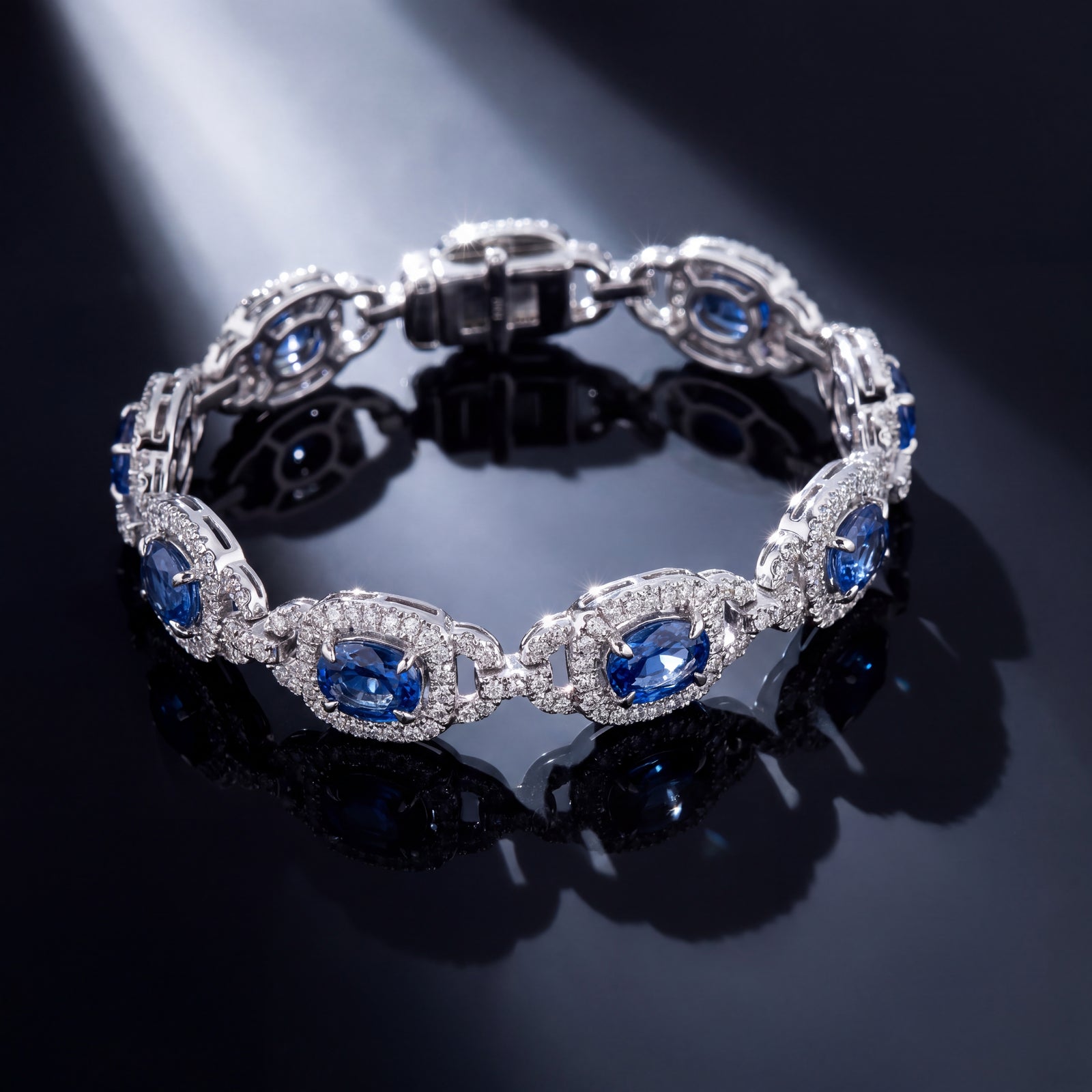 Cornflower Blue Sapphire Halo Chain Bracelet in White Gold