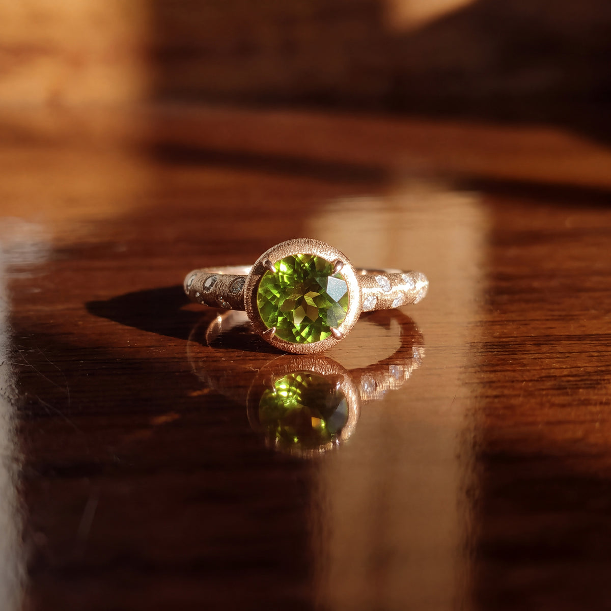 1.58 ct Round Peridot and Diamond Ring in Textured 14K Rose Gold