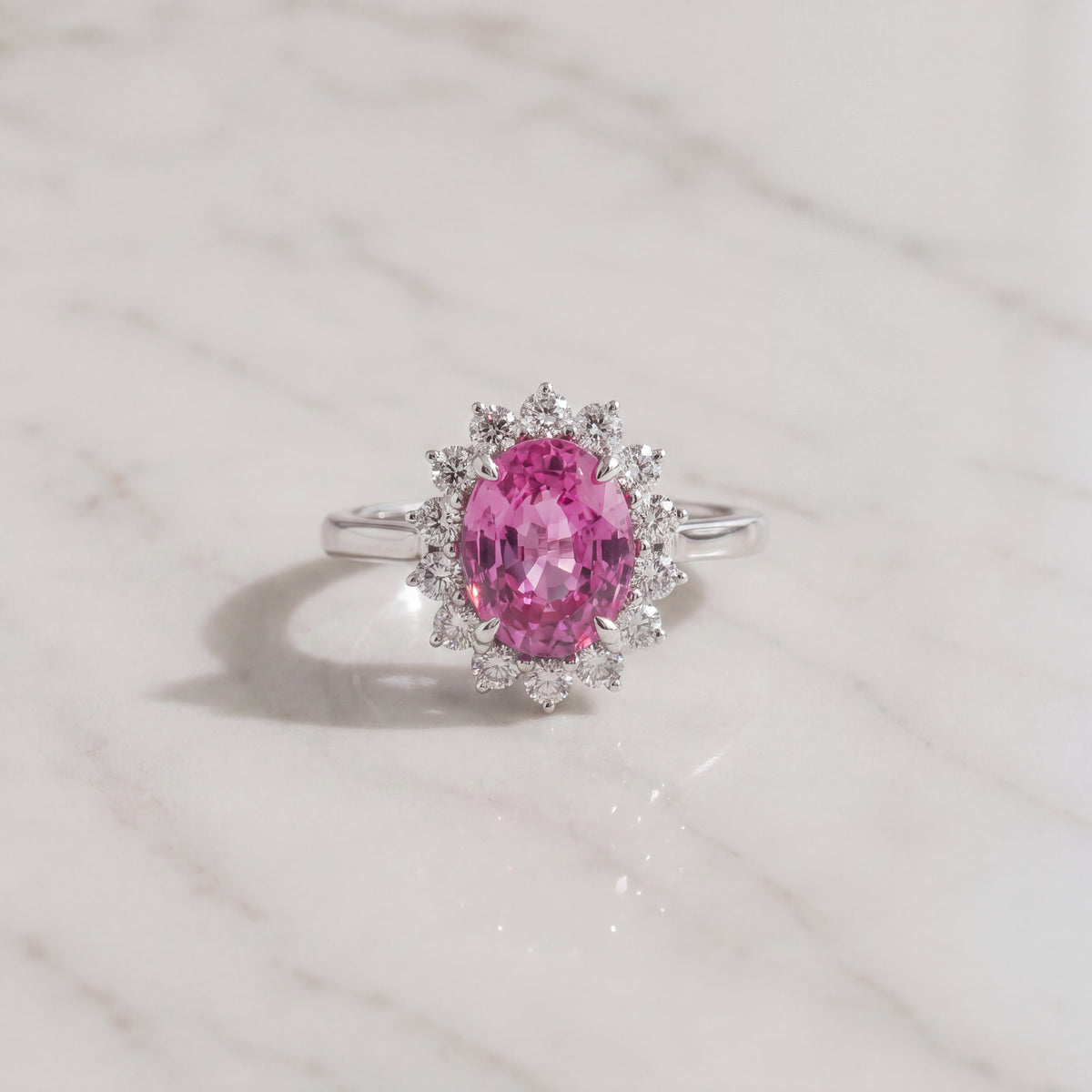 Vivid Pink Sapphire Halo Cocktail Ring in White Gold