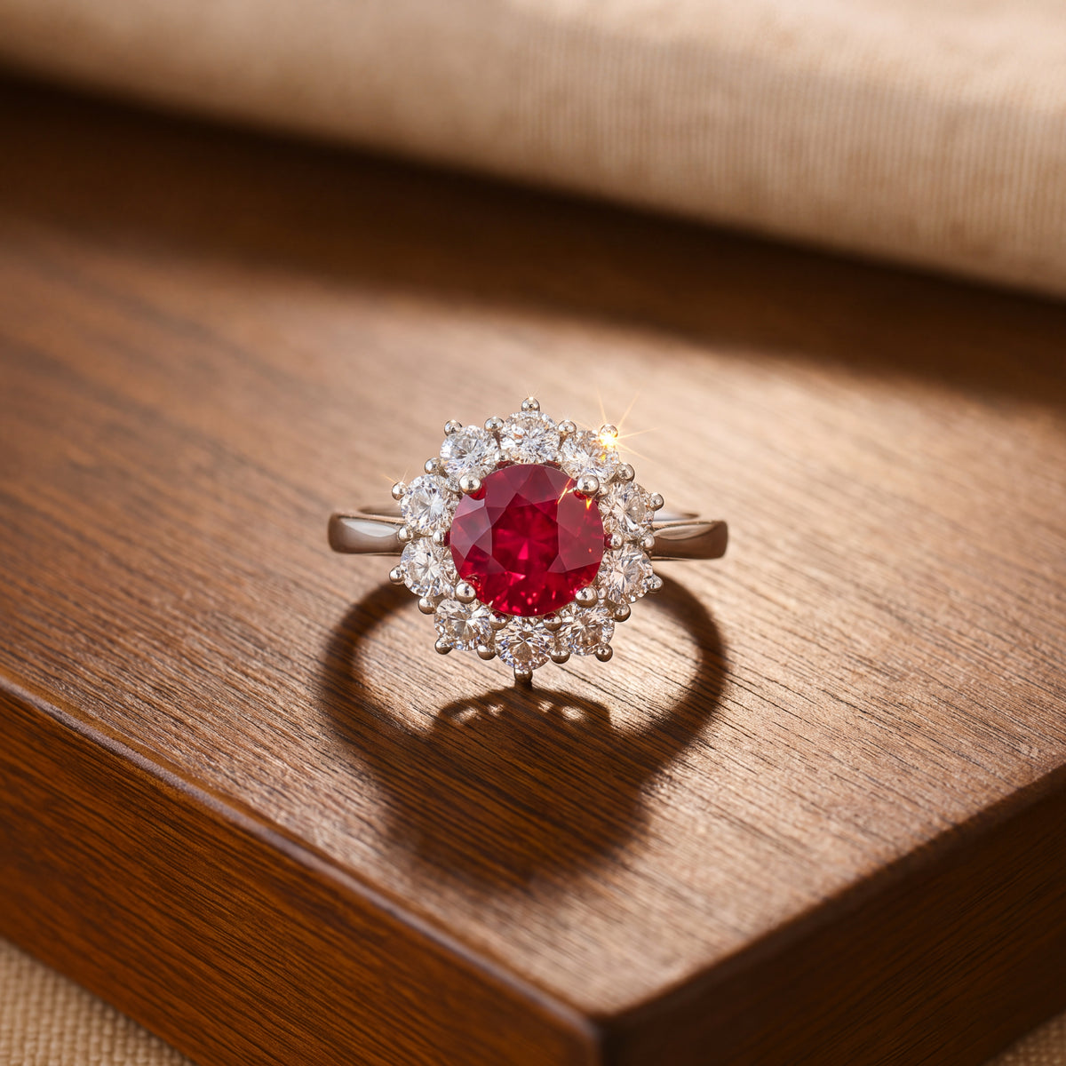 Round red ruby in a halo of diamonds on a white gold band