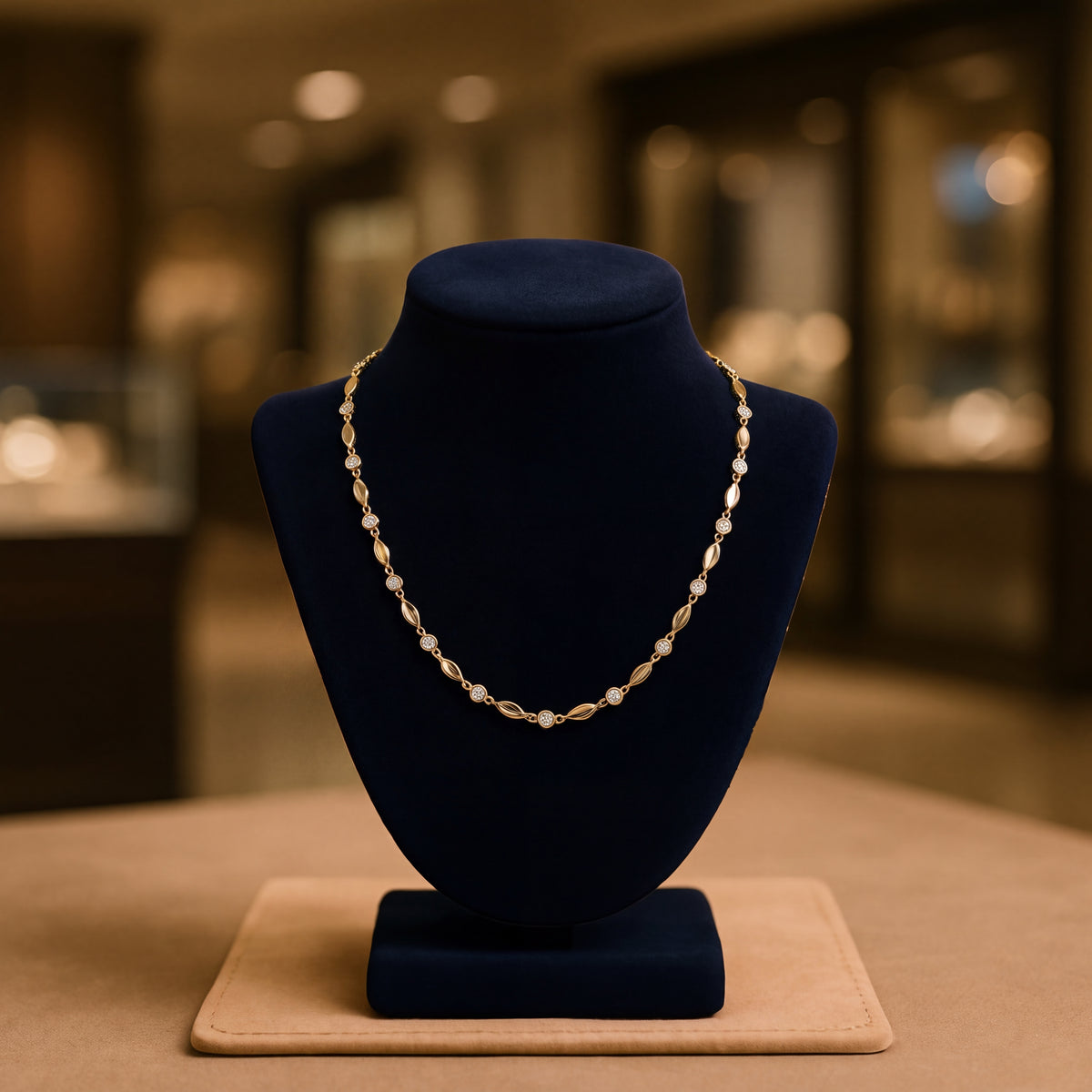 Yellow gold chain of marquise-shaped links and bezel-set diamonds