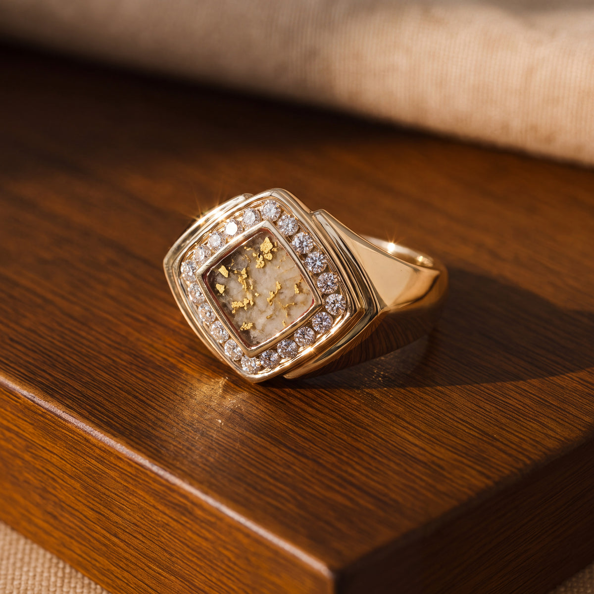 Golden Quartz and Diamond Halo Signet Ring in 14K Yellow Gold