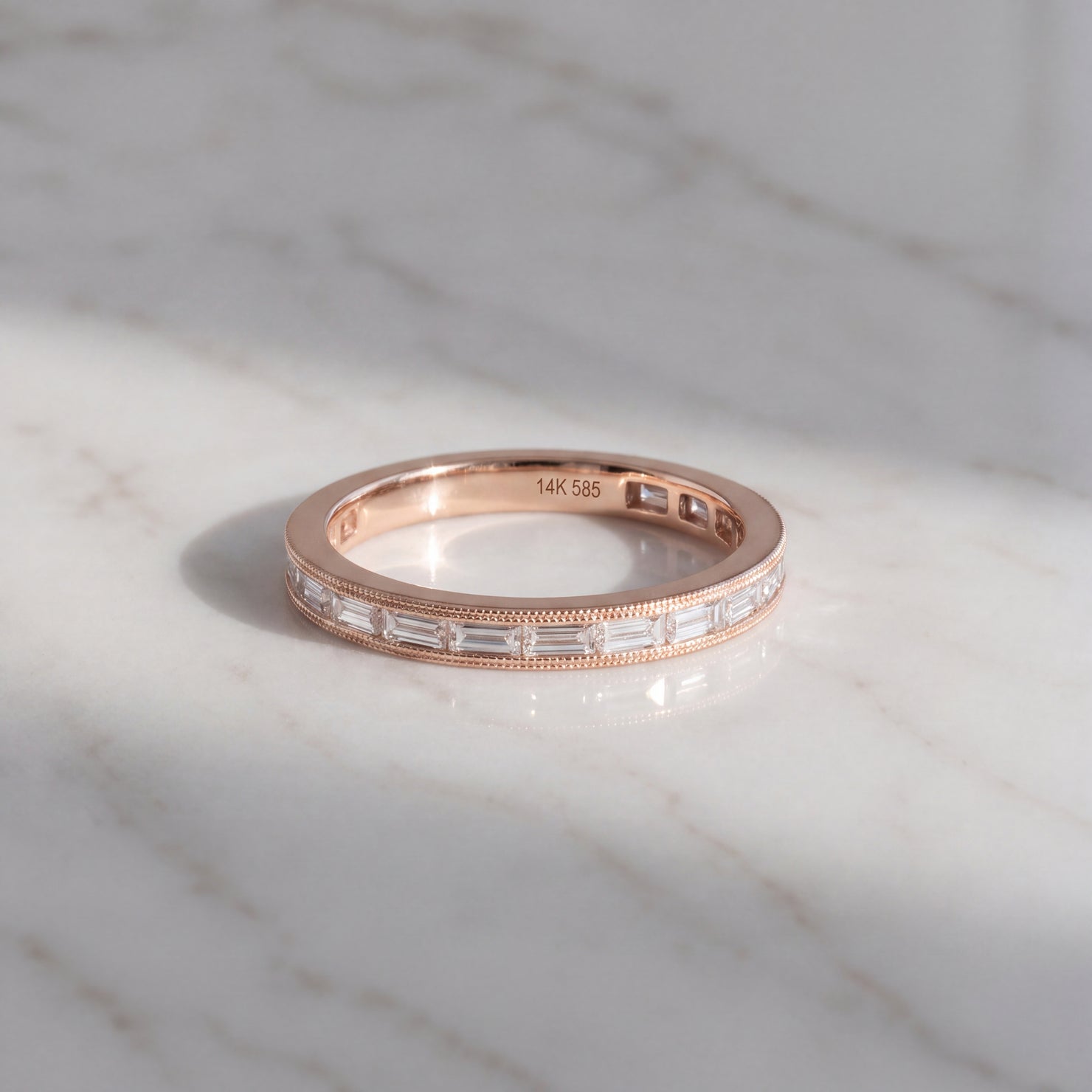 Rose Gold Baguette Diamond Milgrain Band
