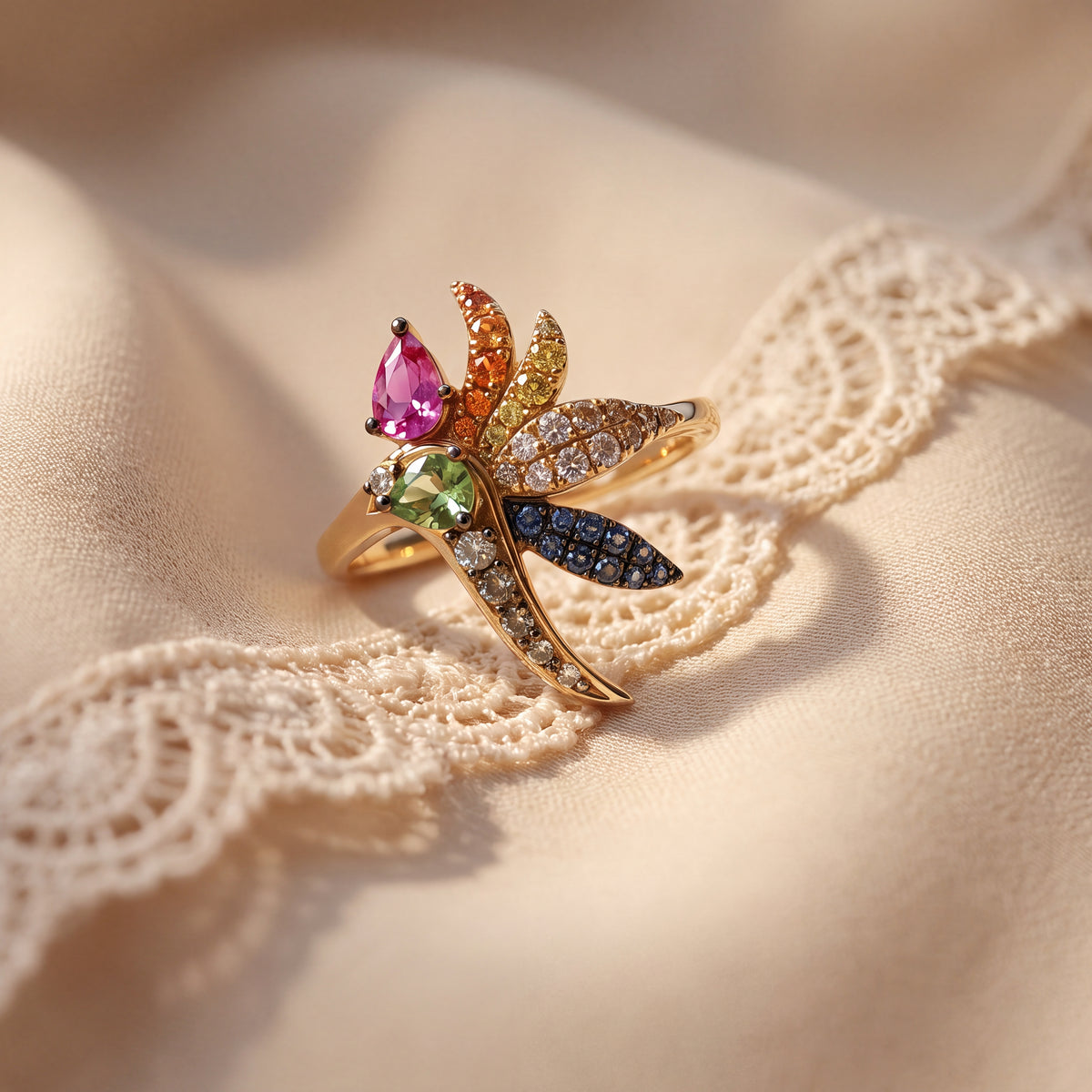 Pear-Cut Pink Sapphire, Multi-Color Sapphire and Diamond Cocktail Ring in 14K Yellow Gold