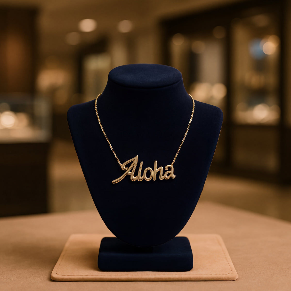 The word Aloha in polished gold script on a fine chain, on a navy velvet bust.