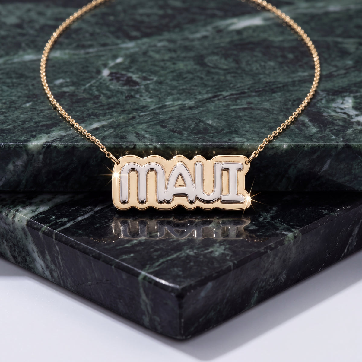 Two-tone gold MAUI nameplate necklace