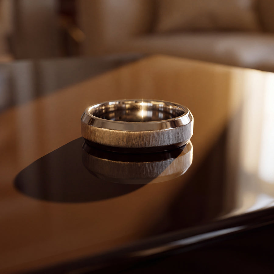 14K white gold band ring with a brushed center and polished beveled edges