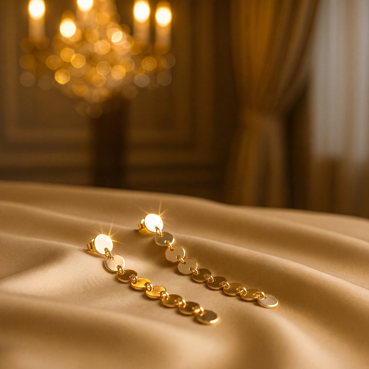 Yellow gold dangle earrings made of small polished gold discs linked in a cascade from a disc post