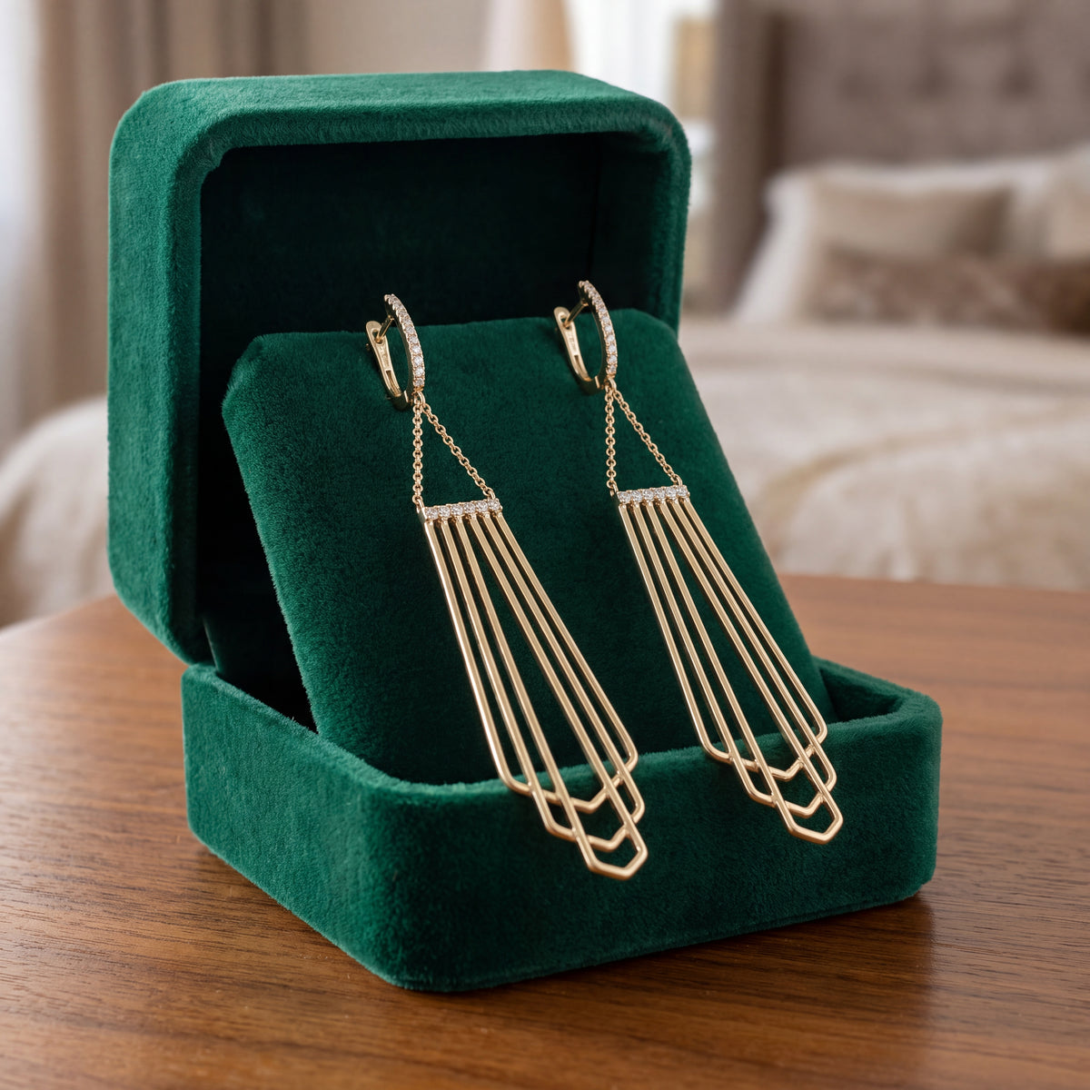 0.32 ct Geometric Diamond Linear Drop Earrings in 18K Yellow Gold