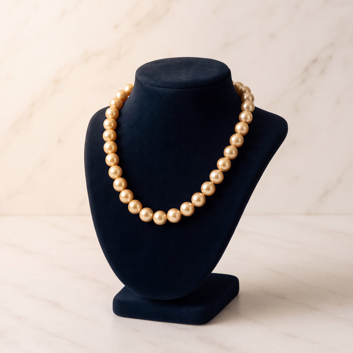 A strand of golden pearls displayed on a navy velvet bust.