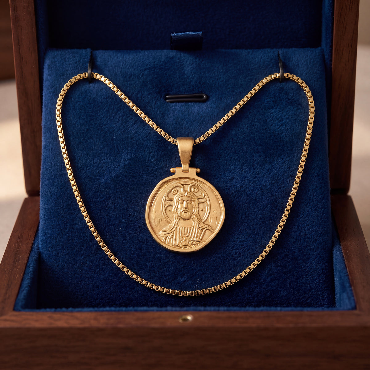 Yellow gold round medallion with a religious figure in relief