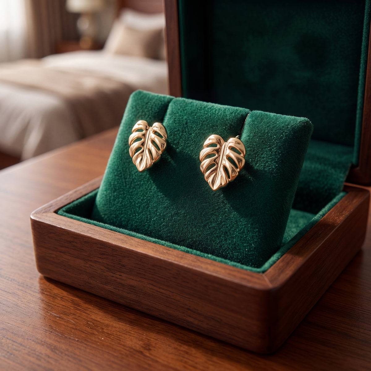 Yellow gold cut-out monstera leaf stud earrings