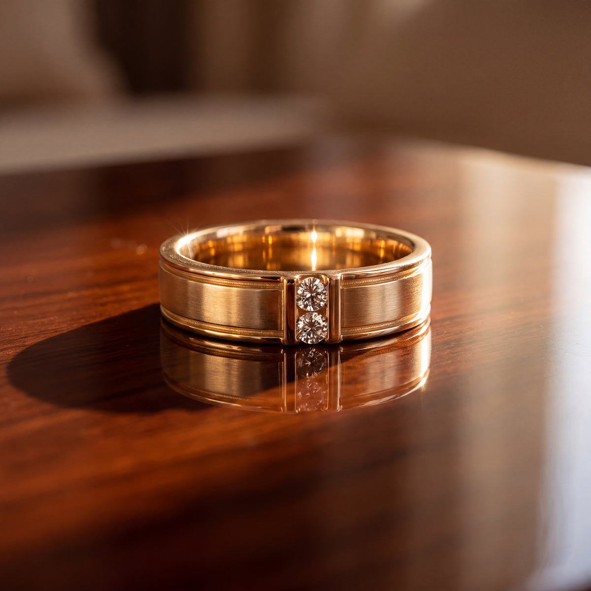 Grooved yellow gold band with two diamonds set at the center