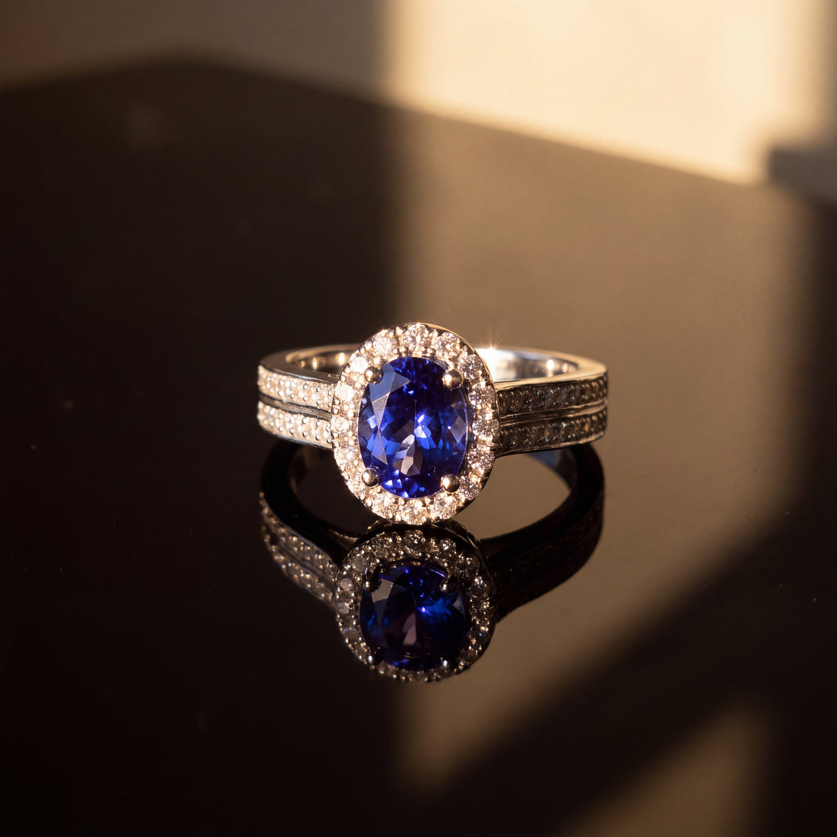 Oval tanzanite in a diamond halo on a double-row white gold band