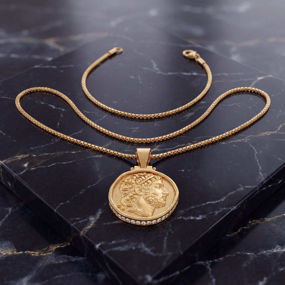 Yellow gold portrait coin charm necklace