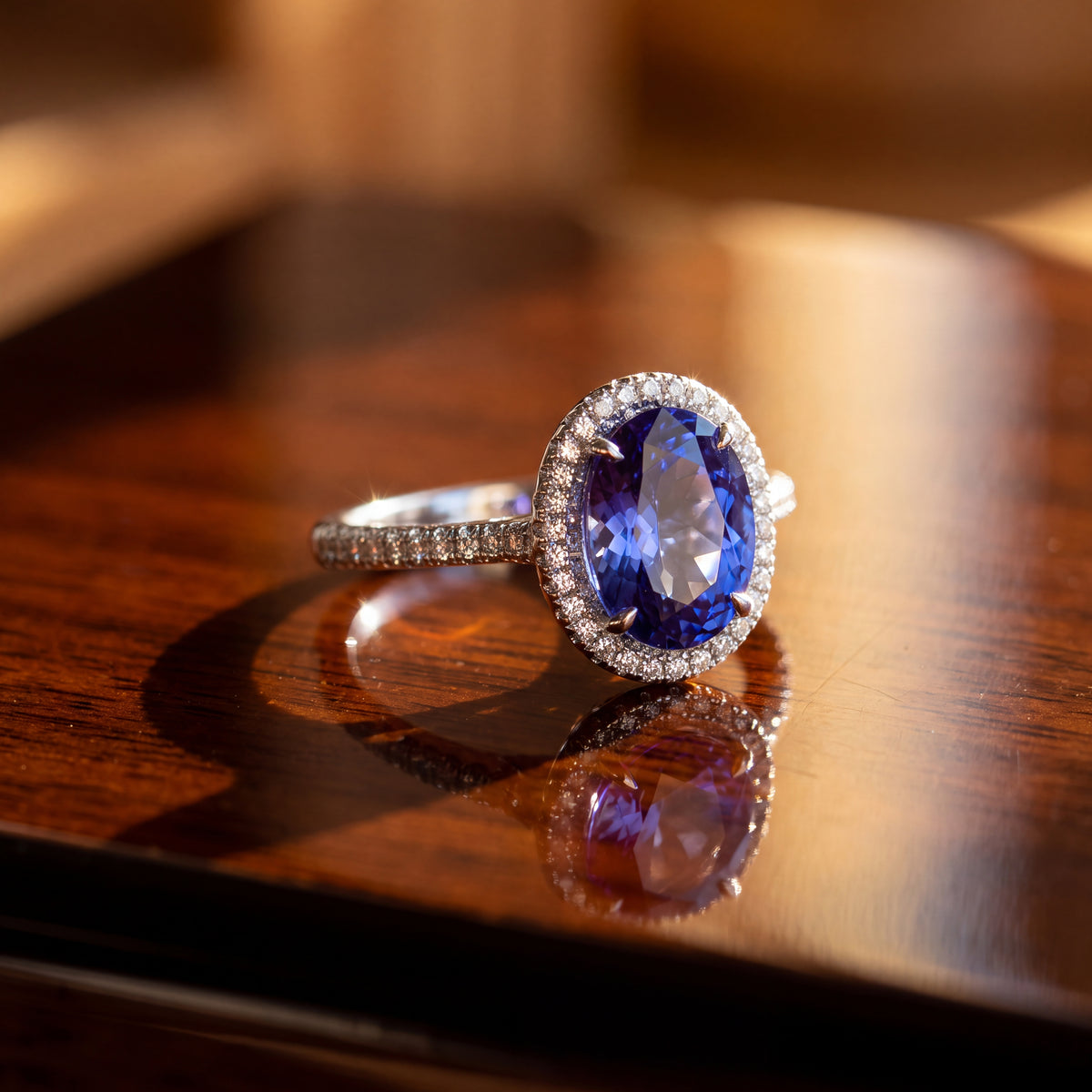 Oval tanzanite in a diamond halo on a slender pavé white gold band