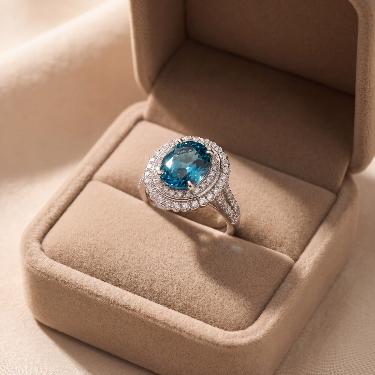 White Gold Blue Zircon Double Halo Cocktail Ring