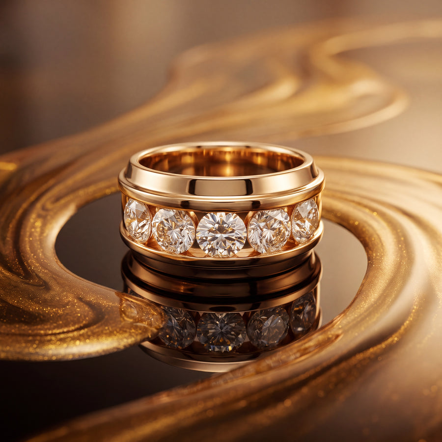 Wide polished band ring with five round stones set in a channel across the top