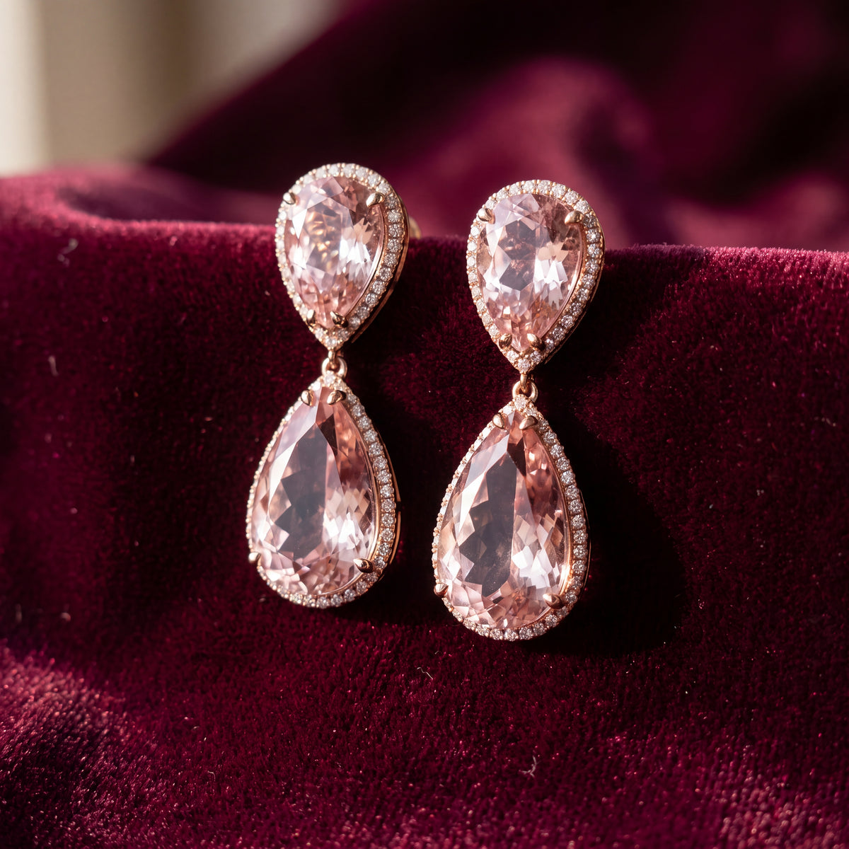 Rose gold double drop earrings with two pear-shaped morganites per earring, each in a diamond halo