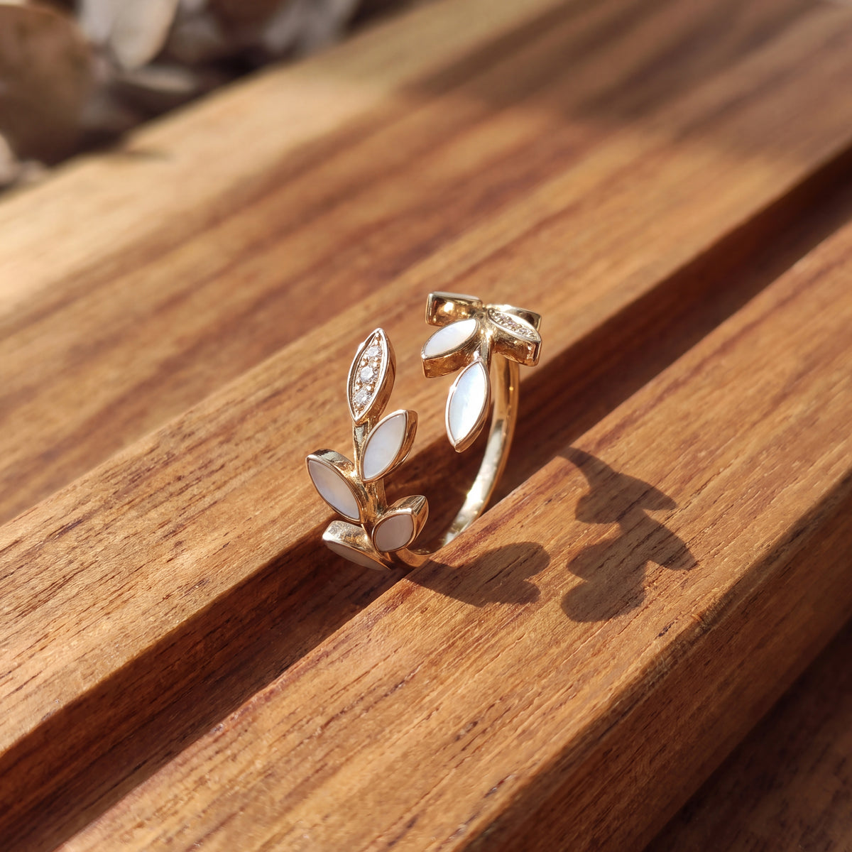 0.75 ct Mother of Pearl and Diamond Leaf Wrap Ring in 18K Yellow Gold