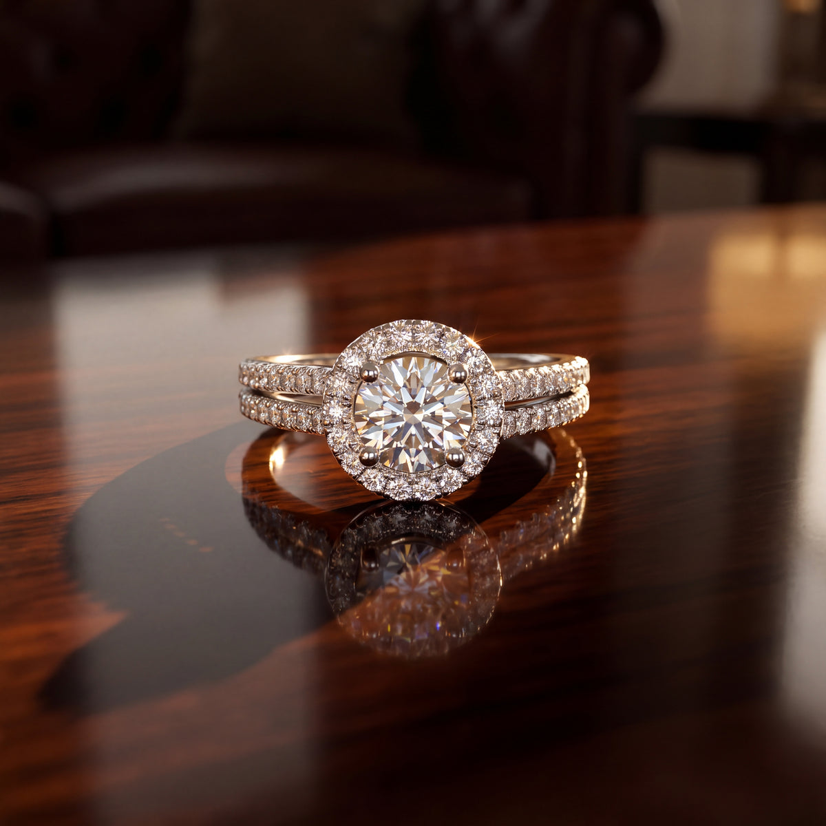 Round diamond in a halo on a white gold split shank lined with diamonds