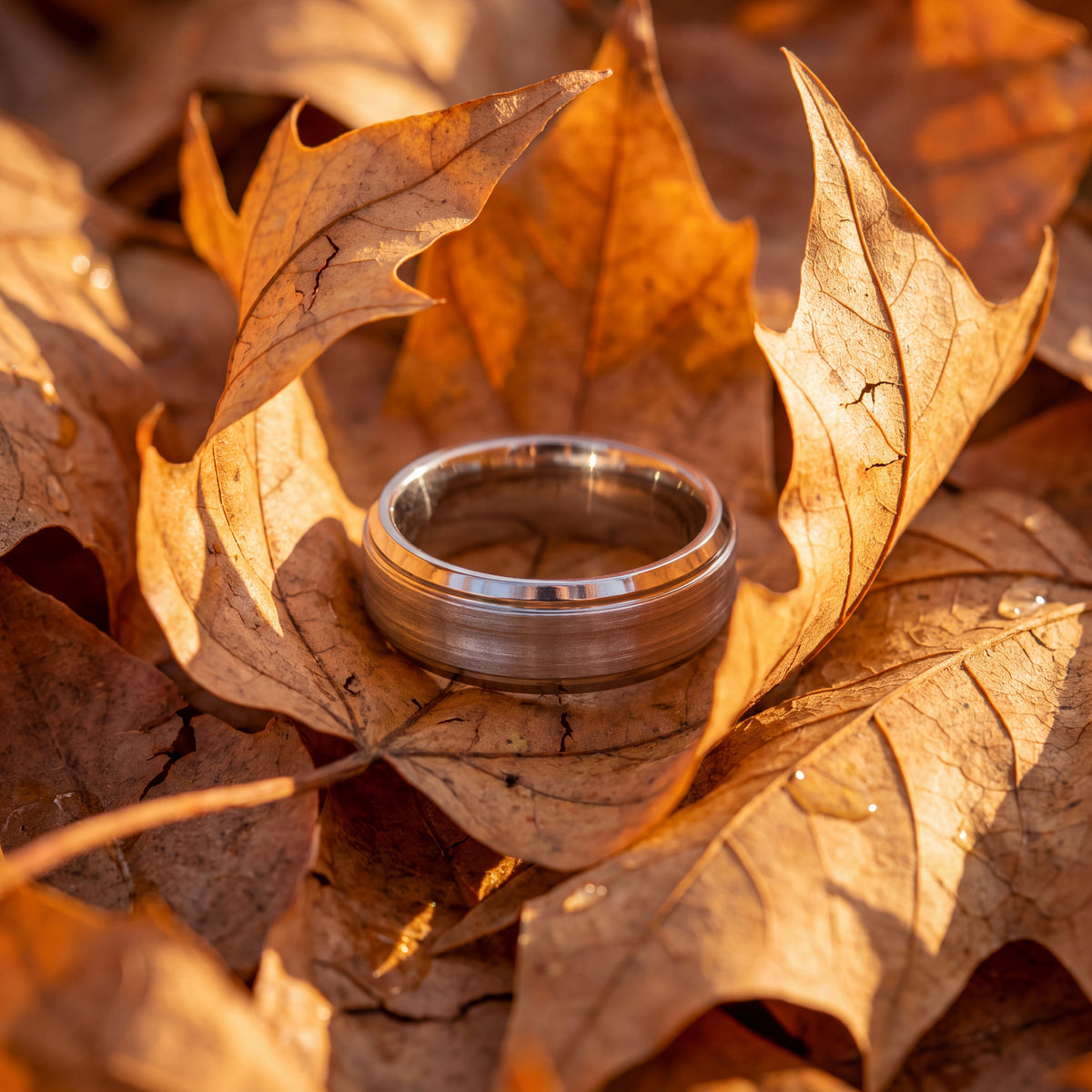 Brushed and grooved white gold band with beveled edges
