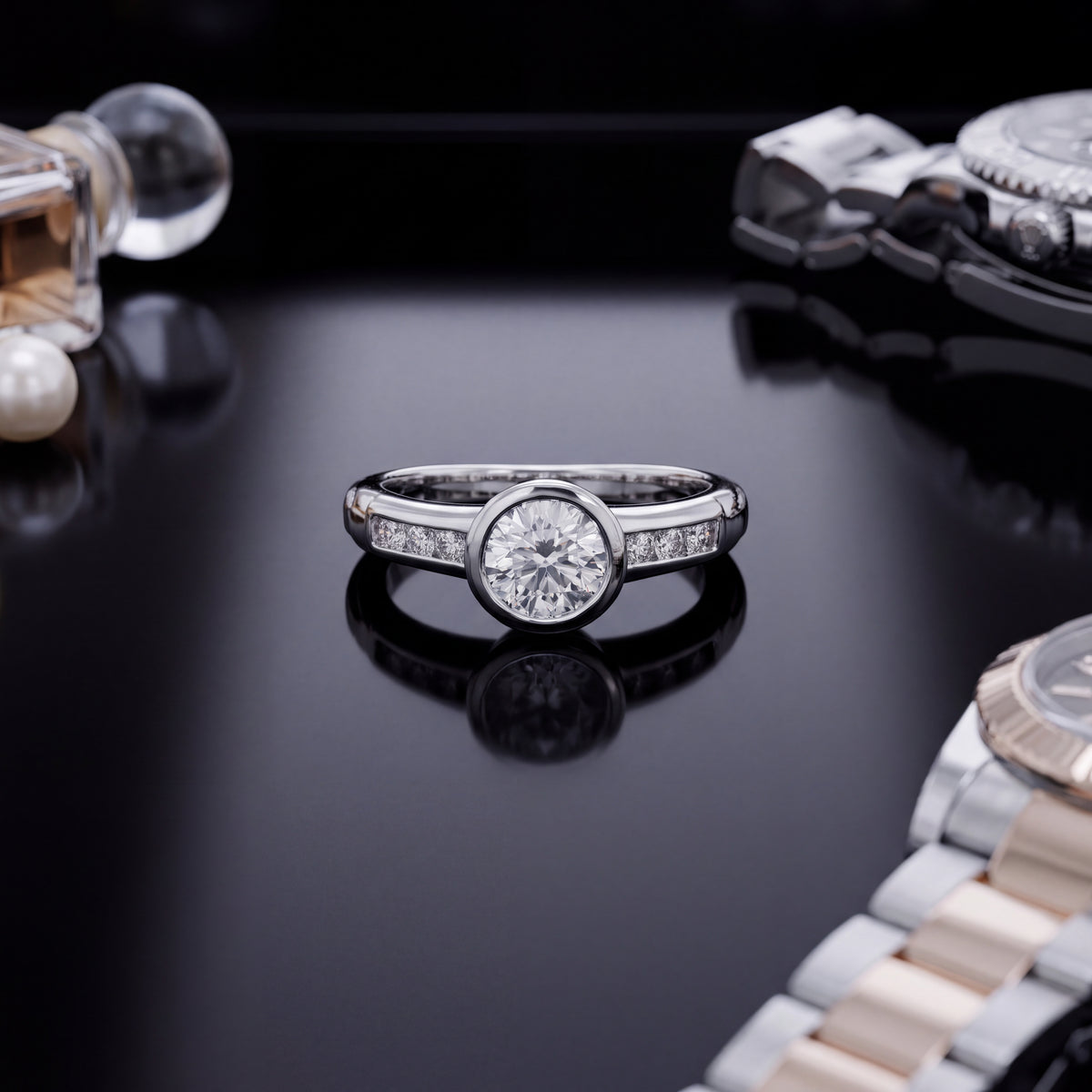 Bezel-set round diamond on a platinum band with channel-set sides