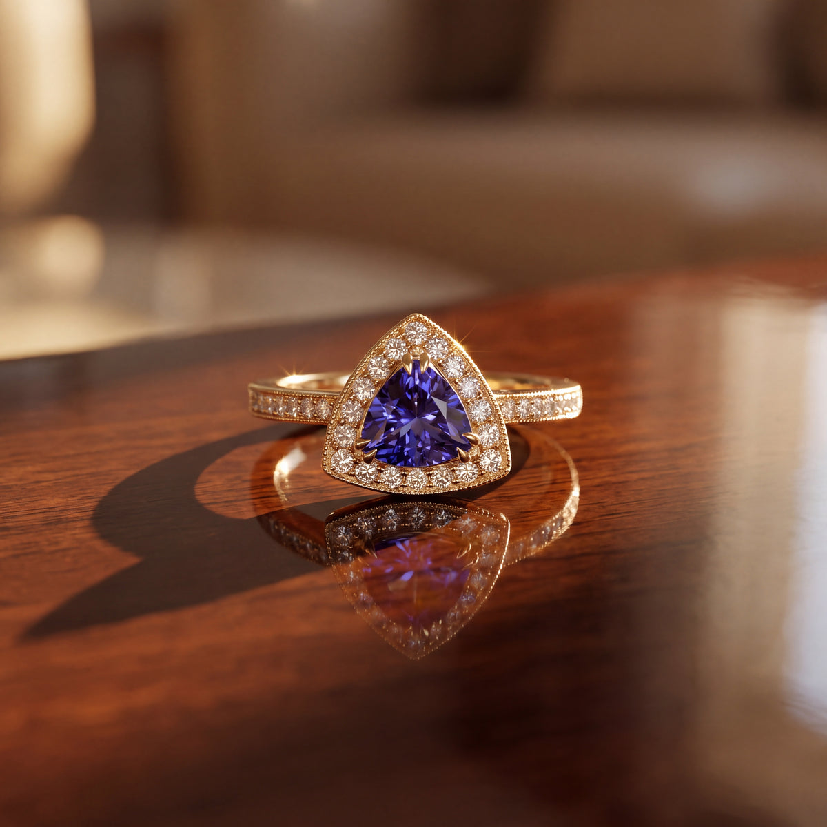 Trillion-cut tanzanite in a diamond halo on a yellow gold band