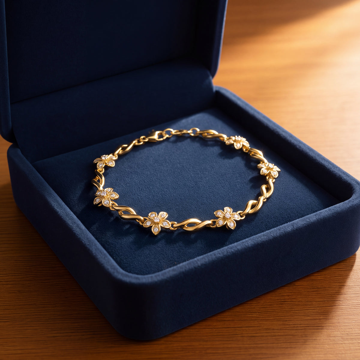 Yellow gold chain bracelet of diamond-centered flowers