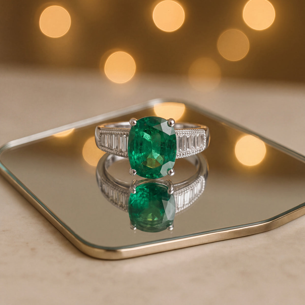 Emerald ring in white gold with a four-prong center stone and channel-set baguette diamonds along the shoulders