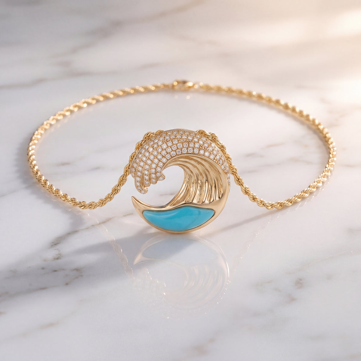 Yellow gold curling wave pendant with pave diamonds along the crest and blue larimar at the base