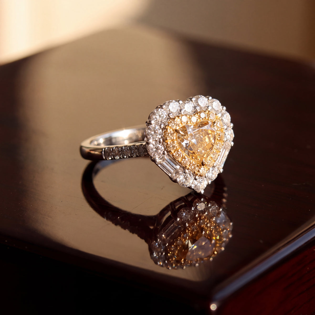 0.90 ct Fancy Yellow Heart Diamond Double Halo Ring in 18K White Gold