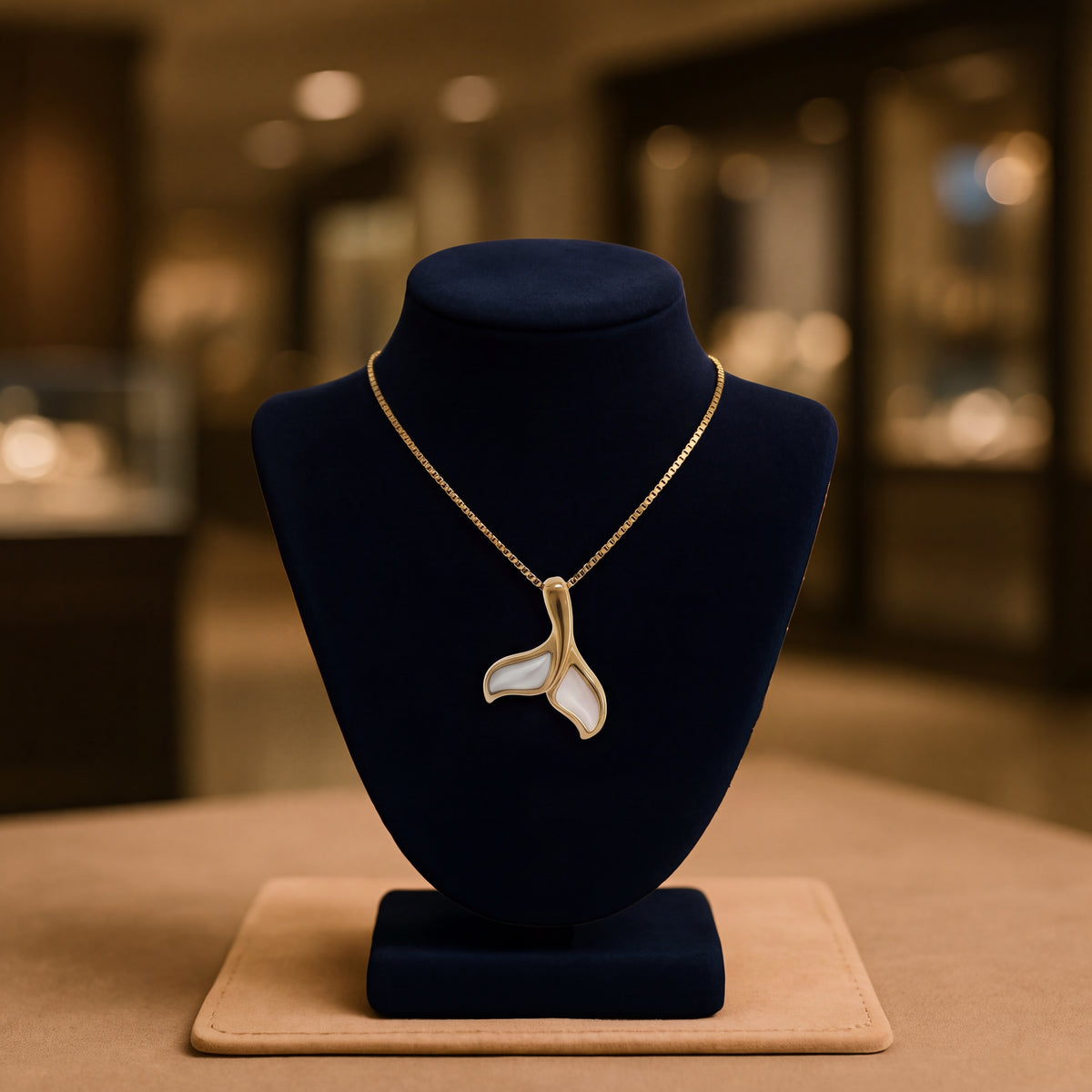 Yellow gold whale tail pendant with white mother-of-pearl inlay on both flukes, on a yellow gold box chain