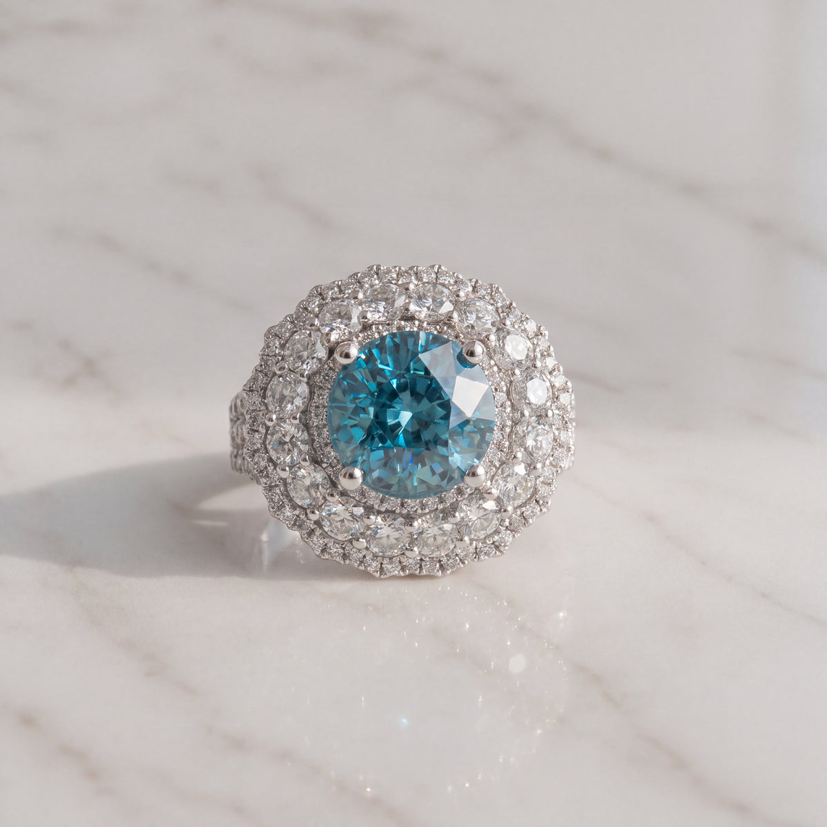 Fancy Vivid Blue Diamond Double Halo Cocktail Ring in White Gold