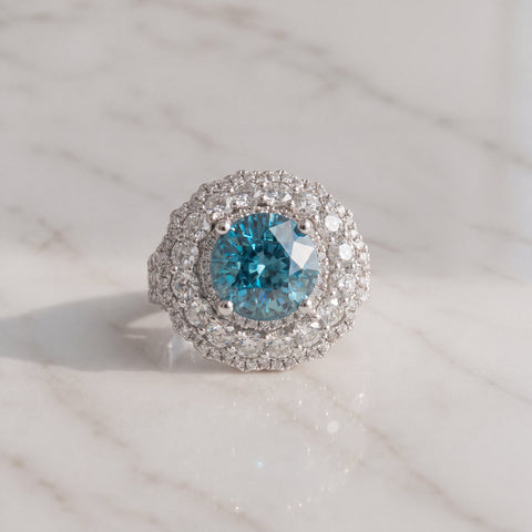 Fancy Vivid Blue Diamond Double Halo Cocktail Ring in White Gold