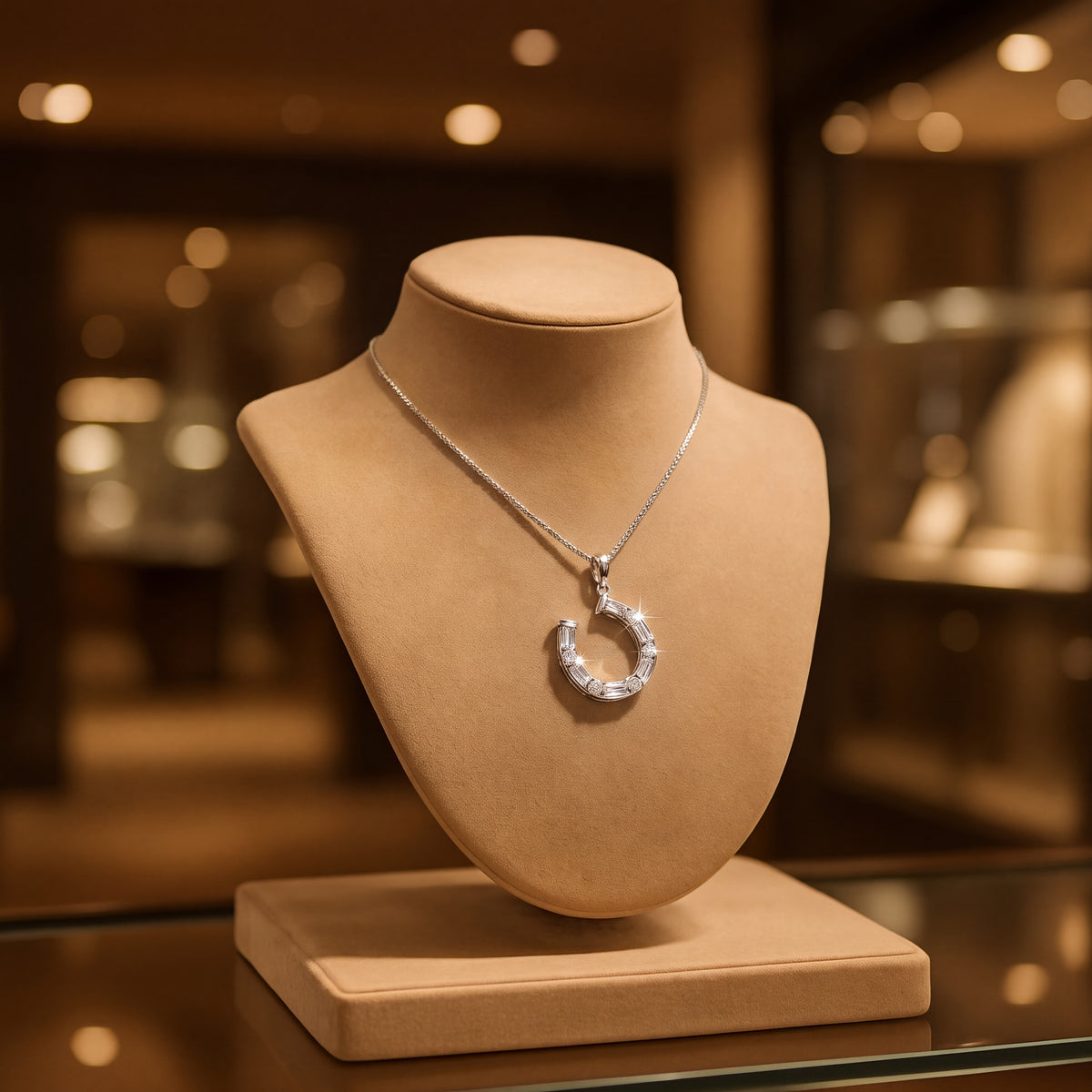 White gold horseshoe pendant of round and baguette diamonds