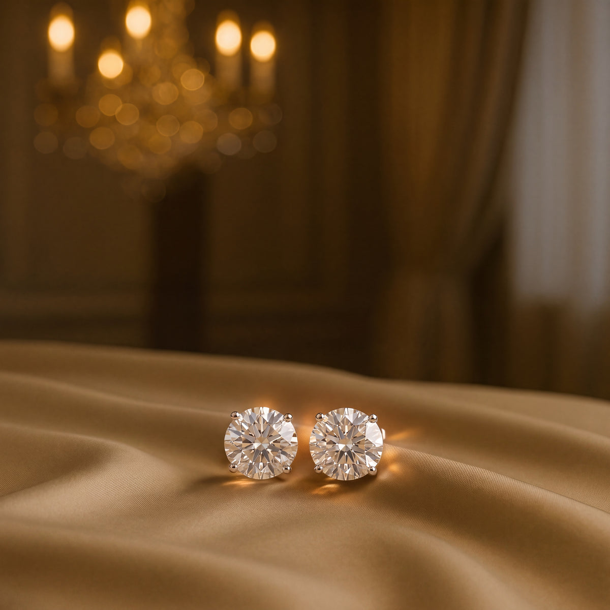 Pair of large round diamond studs in white gold prongs