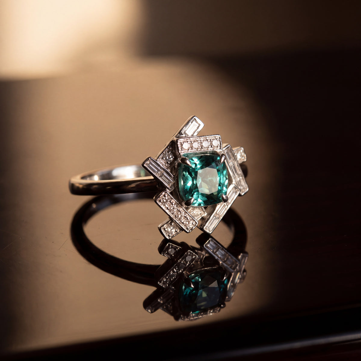 Paraiba Tourmaline and Diamond Geometric Cocktail Ring in 18K White Gold