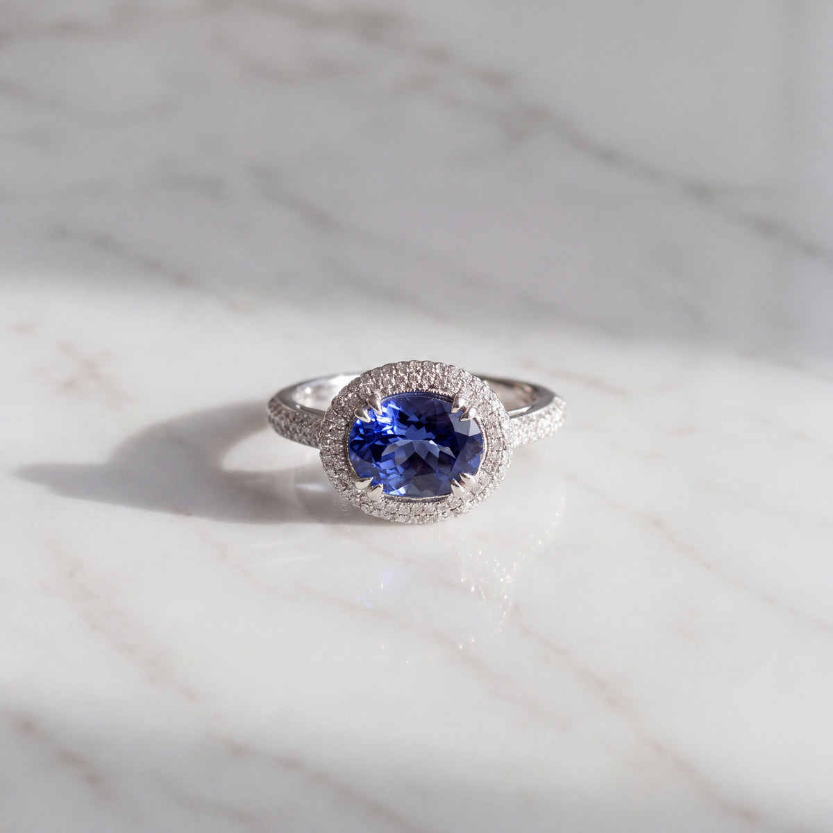 2.03 ct Oval Tanzanite and Diamond Pave Halo Cocktail Ring in 14K White Gold